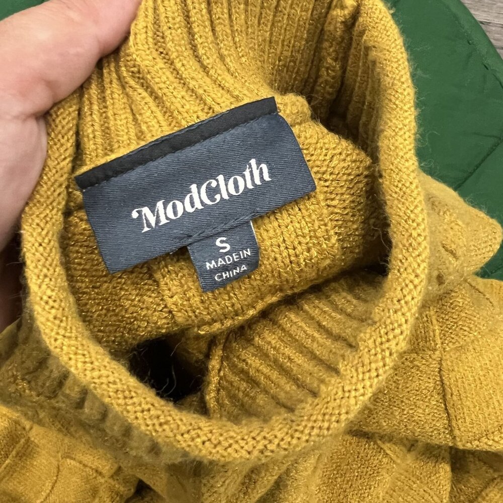 ModCloth Sweater Womens Small Gold Check Weave Mock Neck Pullover - Picture 3 of 7